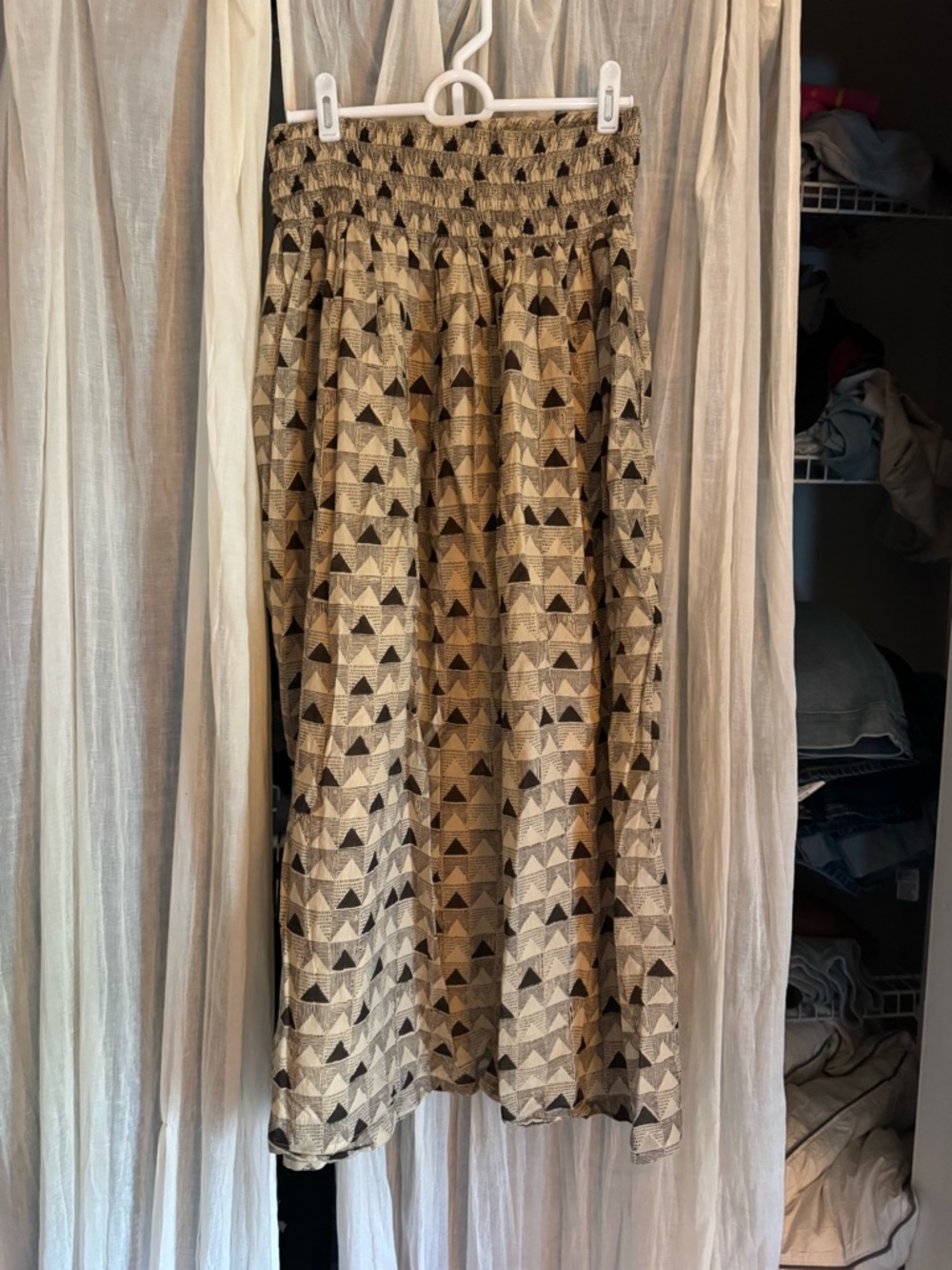 House of Crow Beige and Black Geometric Smocked Midi Skirt
